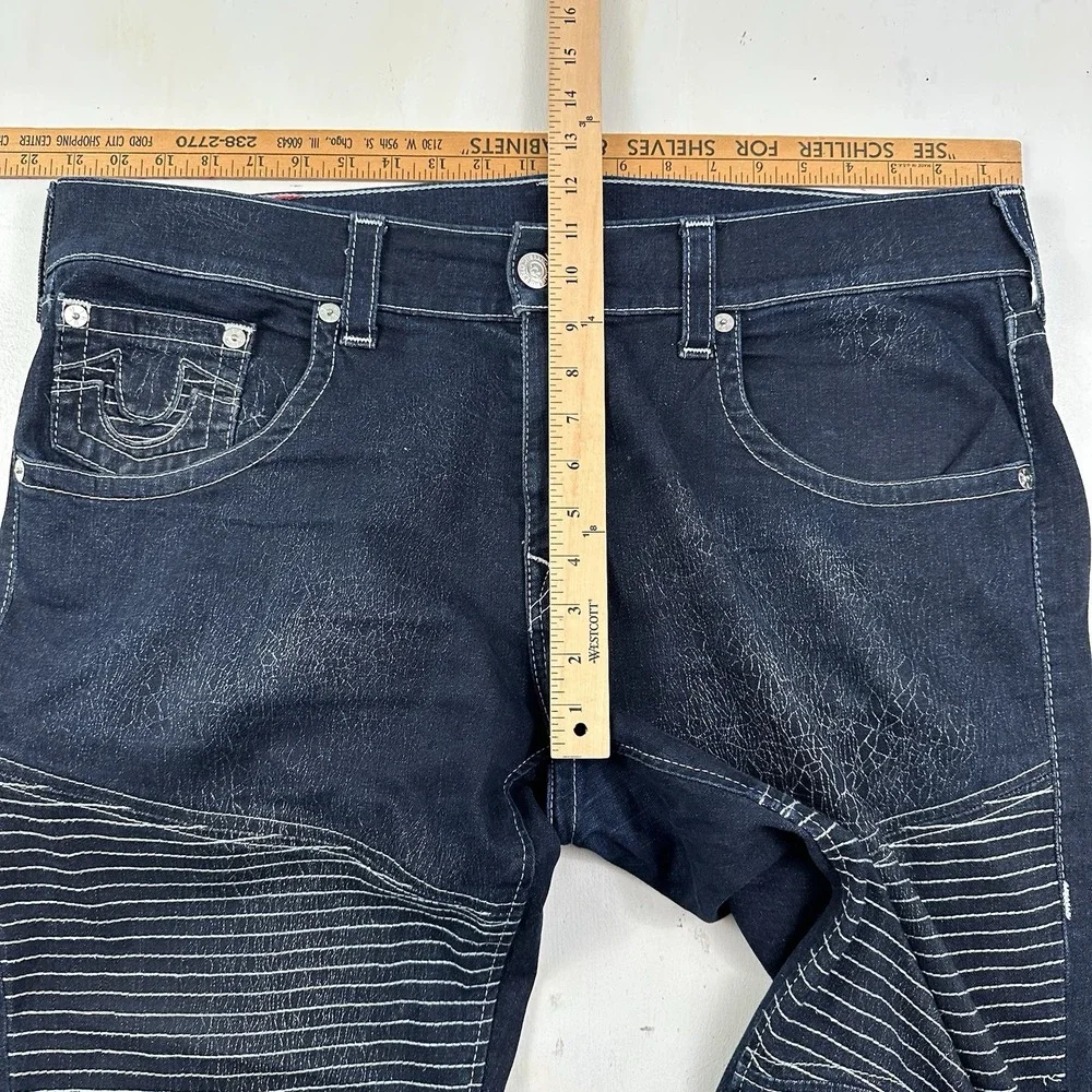 EUC True‎ Religion Men's Tag 38 Dark Blue Moto Stretch Jeans 42x34 Thick Stitch